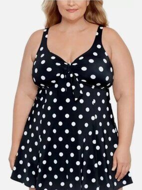 NWT! Swim Solutions Black White Polka Dot Slimming One Piece Swimdress NEW!